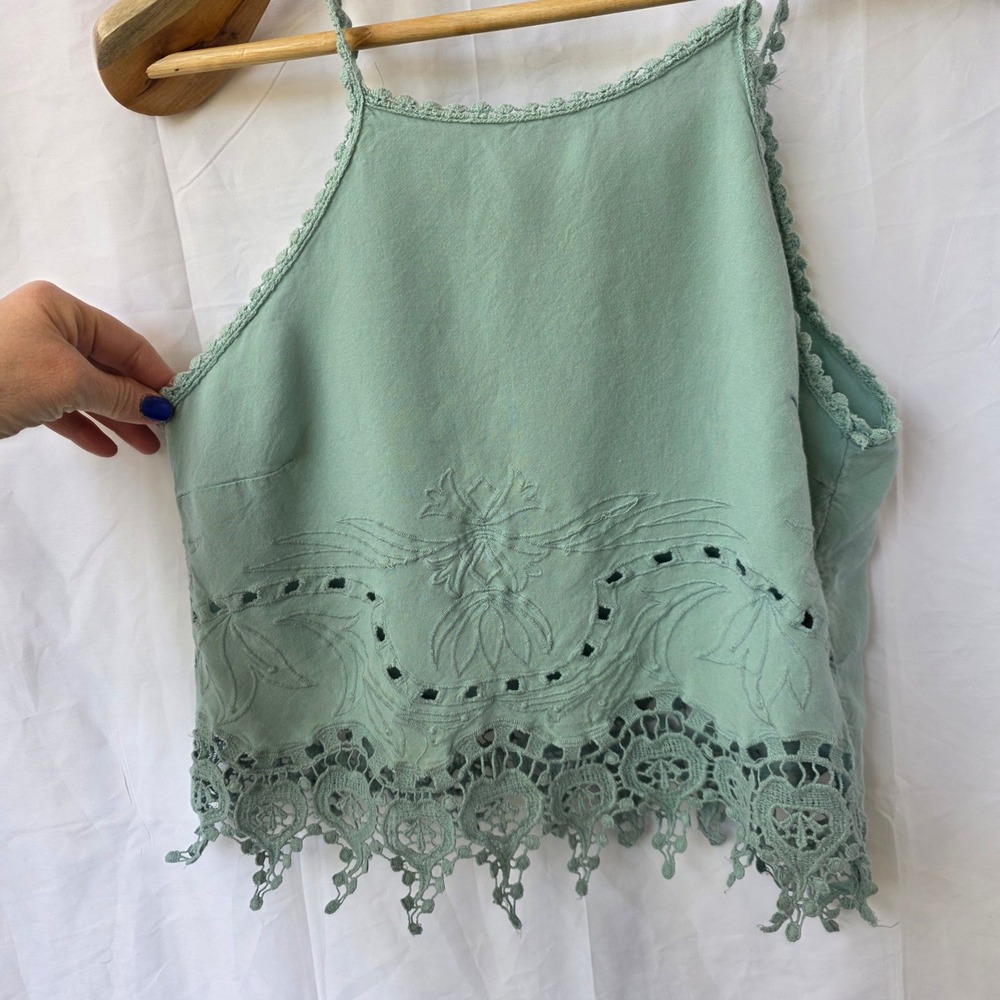 Kendall & Kylie Sage Green Crochet Lace Hem Embroidered Halter Crop Top SM Boho
